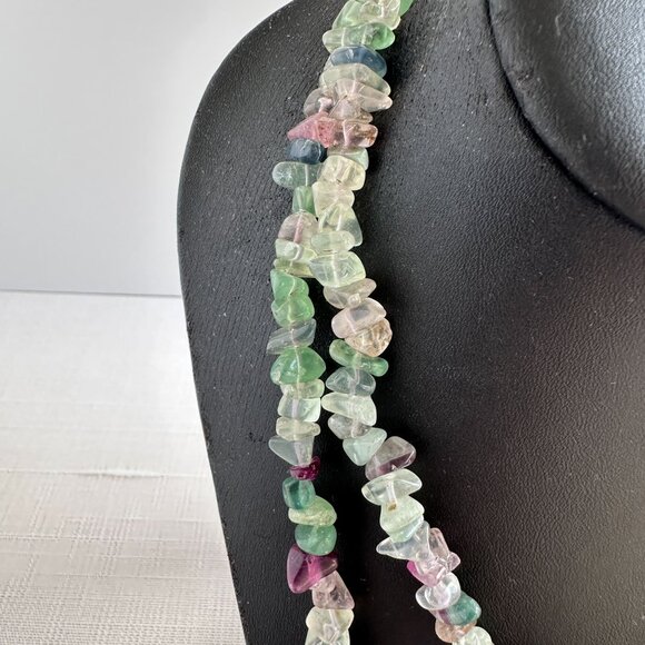 Natural Fluorite Chip Necklace, 35" Long Polished Gemstone Strand, Green & Purpl - Picture 10 of 11